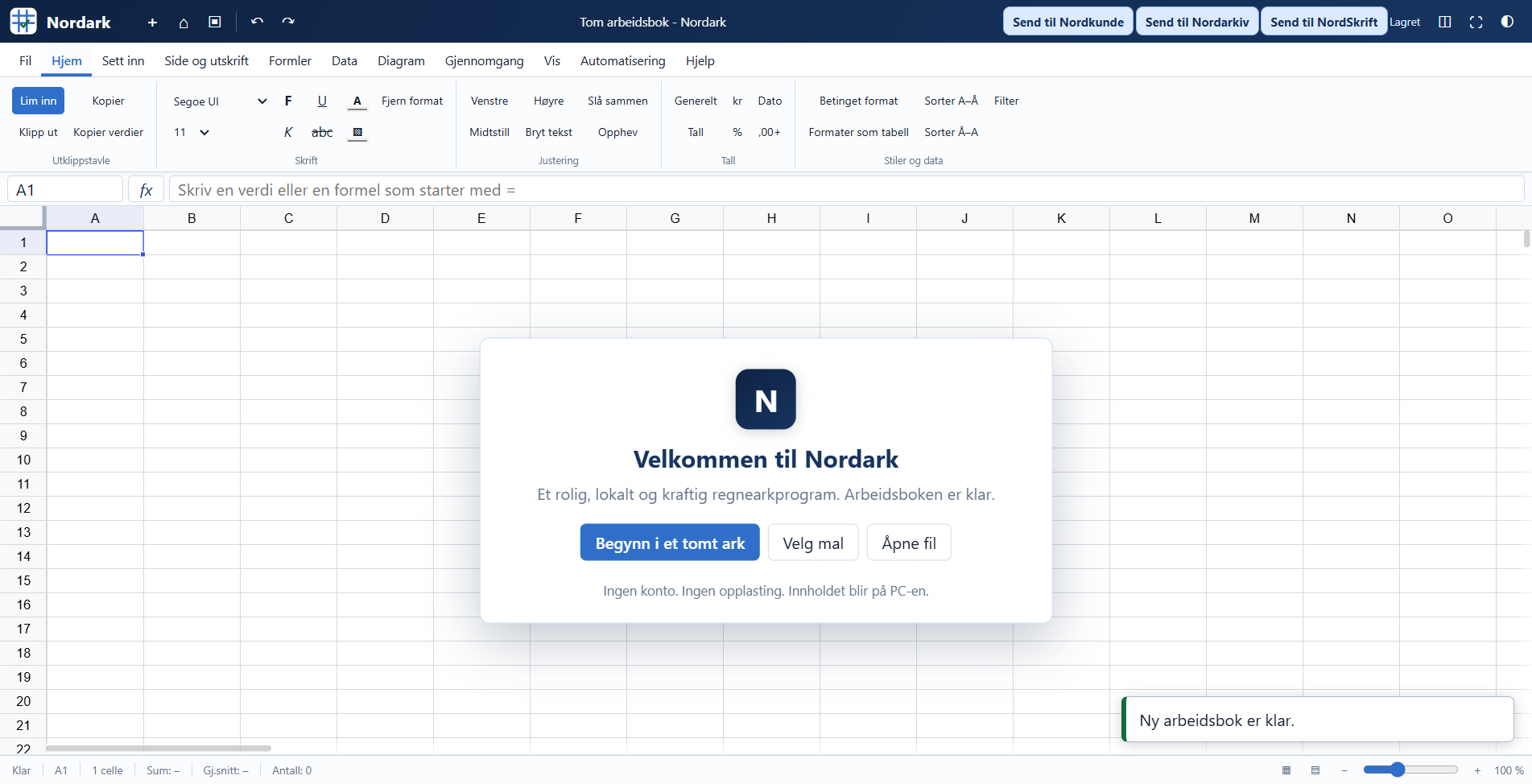 Nordark viser velkomstvinduet, en tom arbeidsbok og knappene som sender innhold til Nordkunde, Nordarkiv og NordSkrift.