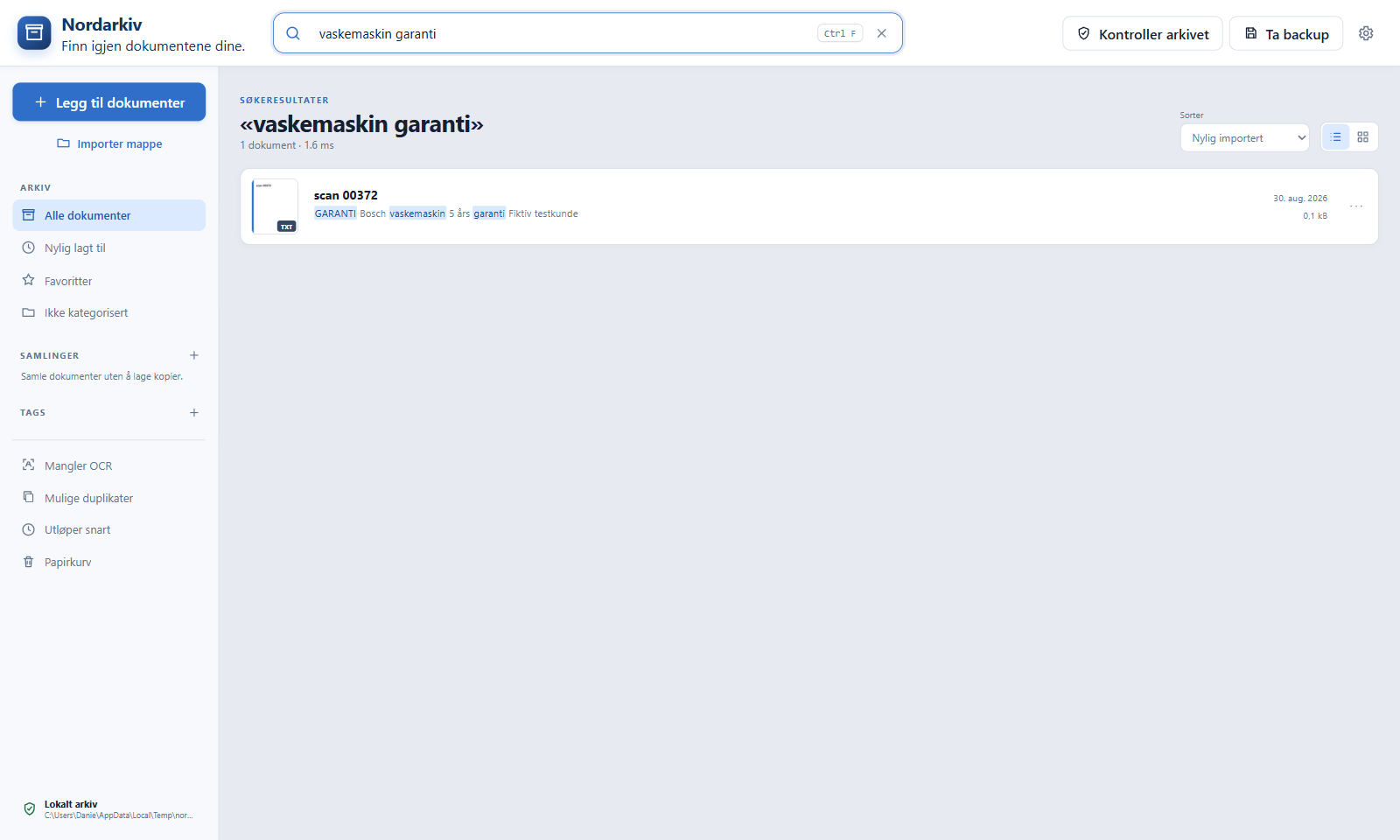 Nordarkiv viser et fulltekstsøk etter vaskemaskin og garanti med markerte treff i et fiktivt dokument.