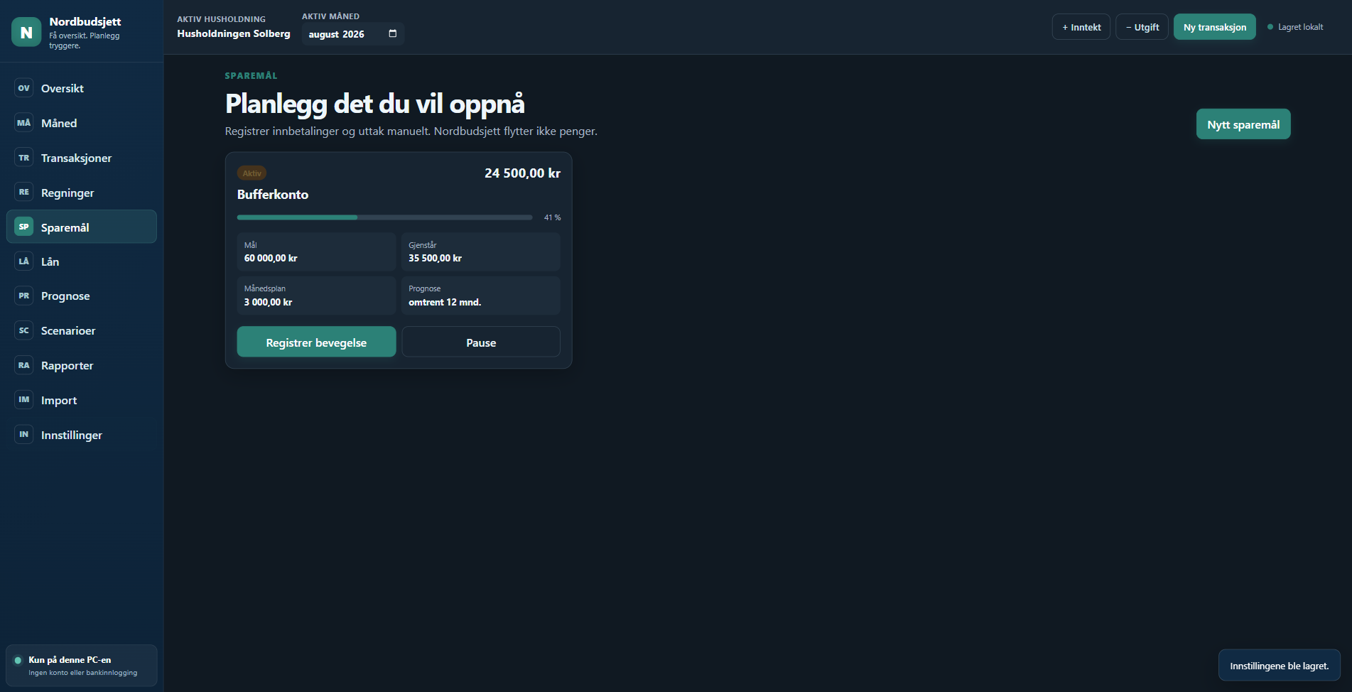 Nordbudsjett viser et fiktivt sparemål i programmets mørke tema med fremdrift, målbeløp og månedsplan.