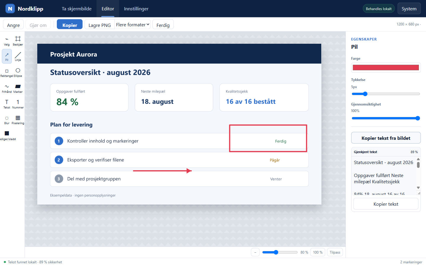 Nordklipp-redigereren viser et lokalt eksempelbilde med pil, rektangel, redigeringsverktøy og norsk OCR-resultat.