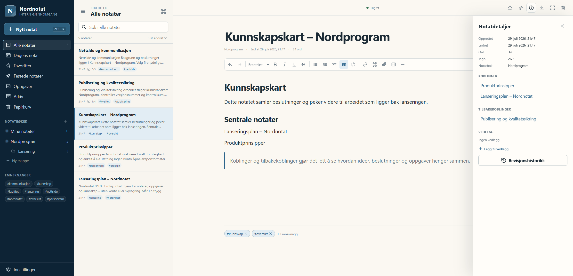 Nordnotat viser et kunnskapskart med interne koblinger, tilbakekoblinger, emneknagger og notatdetaljer.