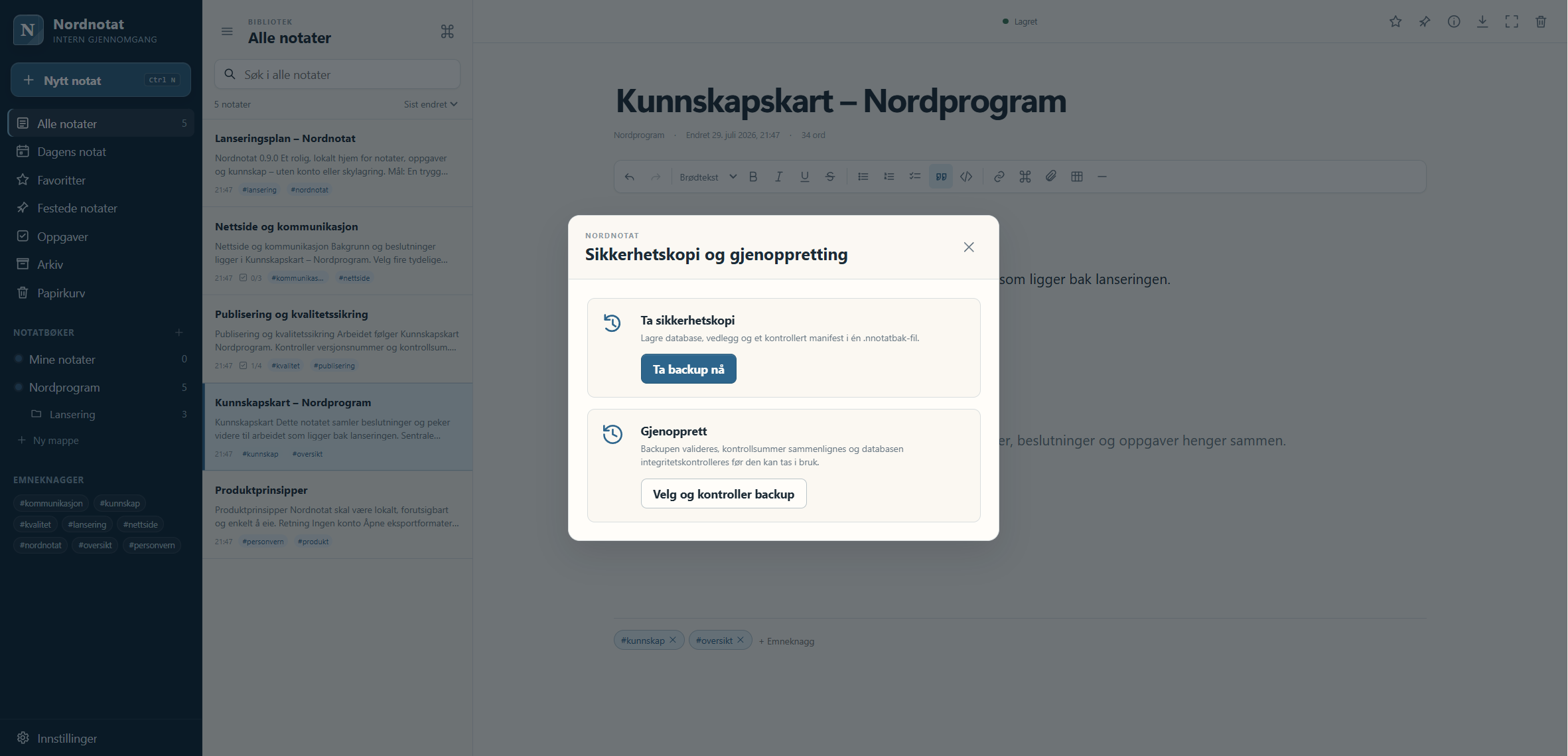 Nordnotat viser dialogen for å ta en kontrollert sikkerhetskopi eller validere en backup før gjenoppretting.