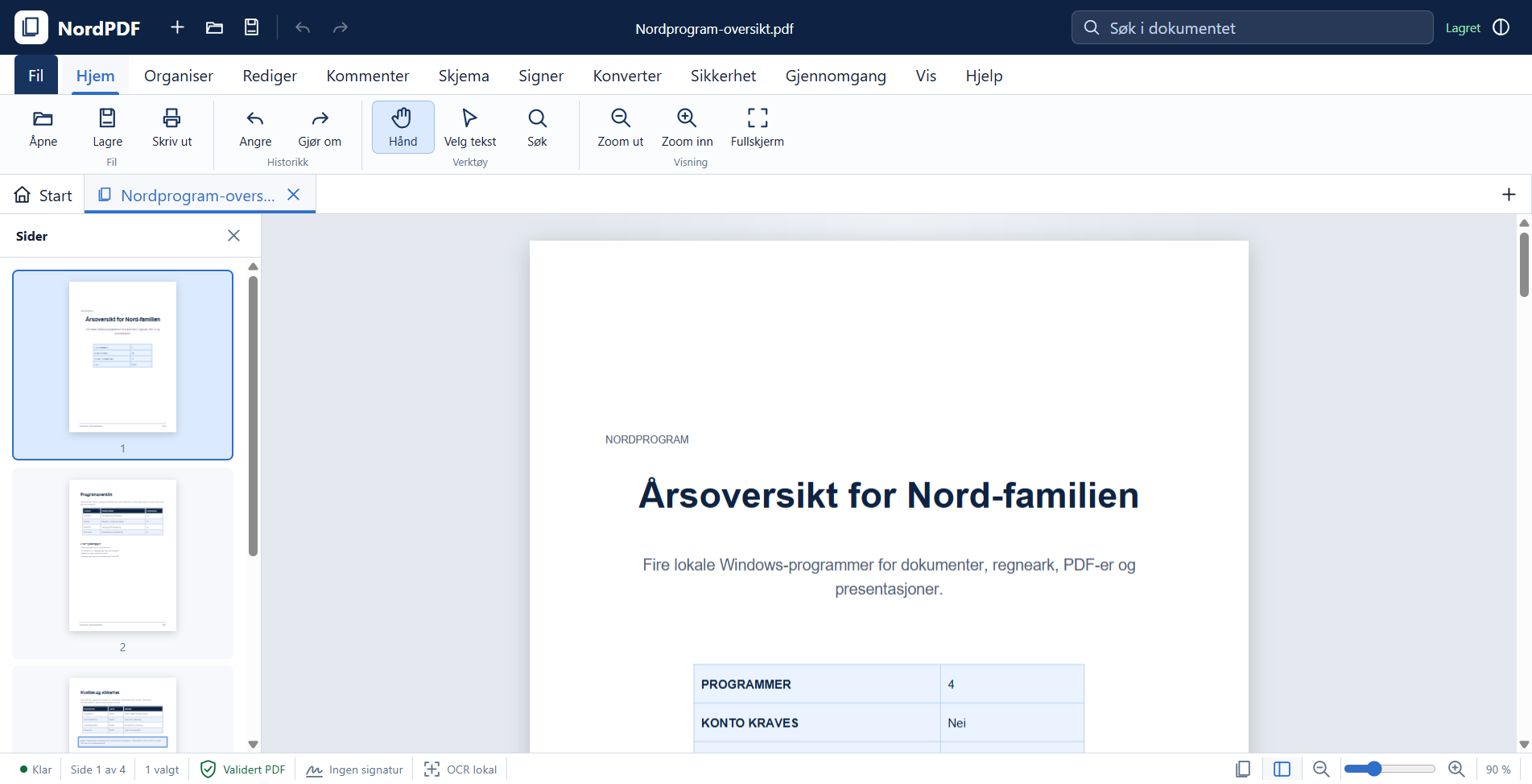 NordPDF viser en profesjonell årsoversikt med fire stående sider og miniatyrer.