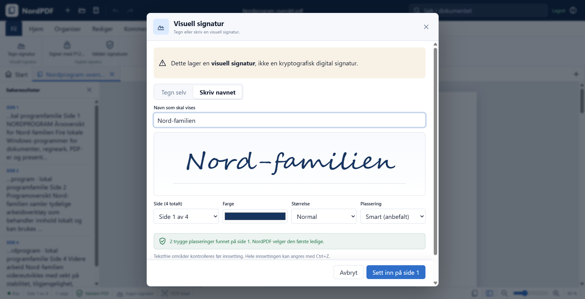 NordPDF viser dialogen for visuell signatur over en profesjonell årsoversikt.