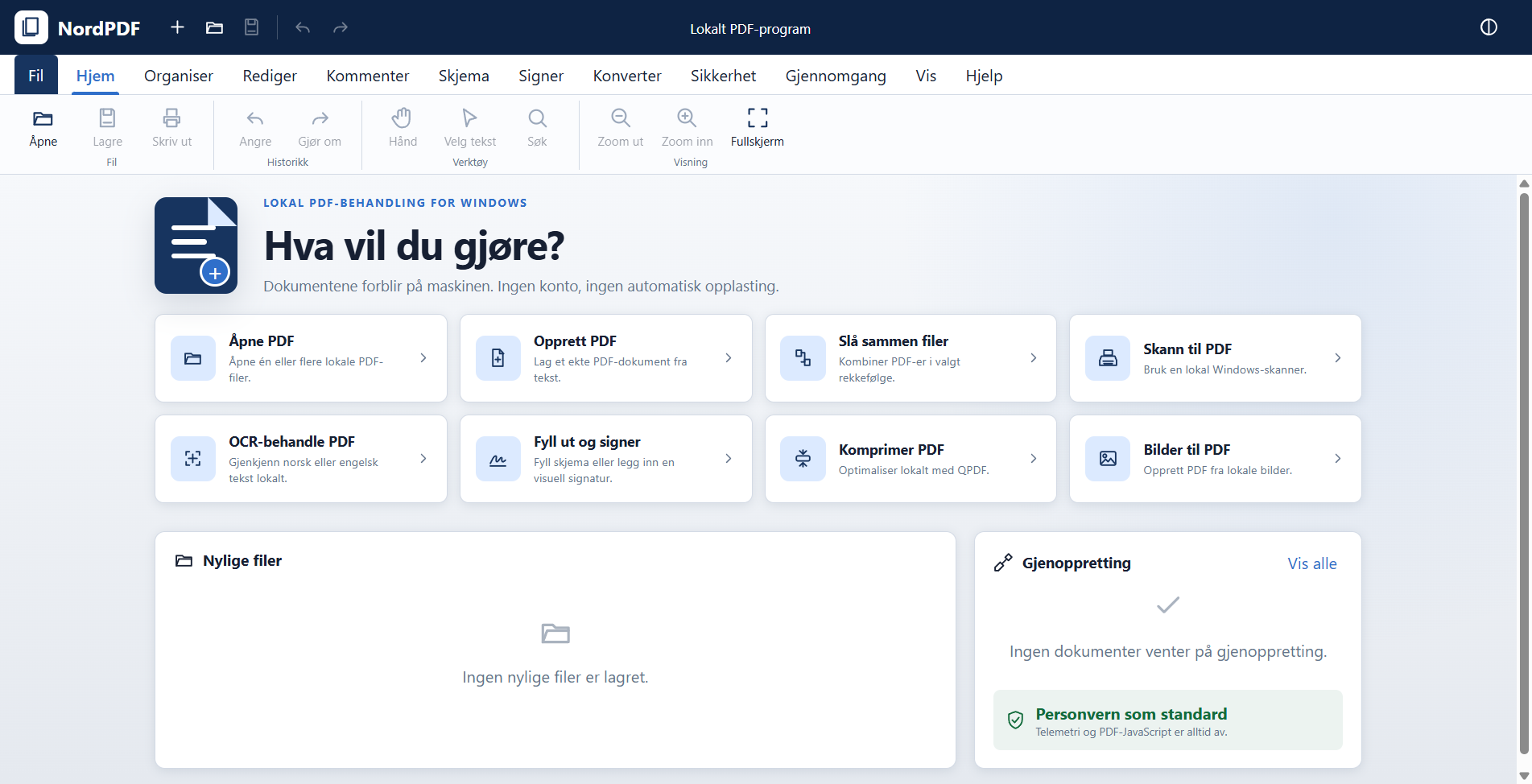 NordPDF sin startside med verktøy for å åpne, opprette, slå sammen og skanne PDF-filer.