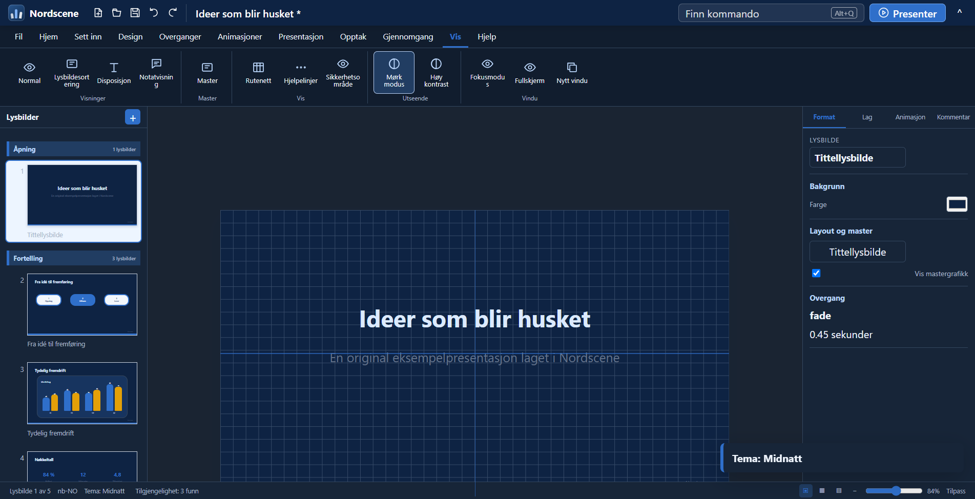 Nordscene viser presentasjonseditoren i mørk modus.