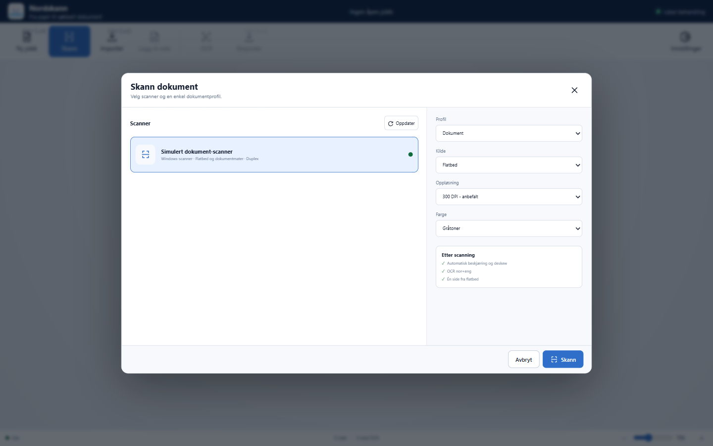 Nordskann viser scannerdialogen med en syntetisk testscanner og valg for kilde, dokumentprofil, DPI, farge og duplex.