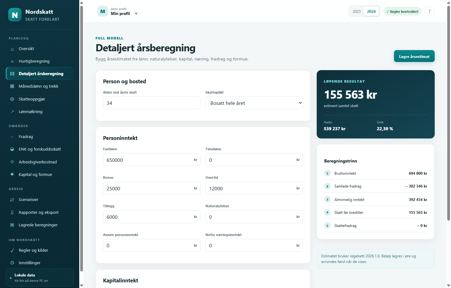 Nordskatt viser detaljert årsberegning med fiktiv lønn, bonus, overtid, skatteplikt og løpende beregningstrinn.