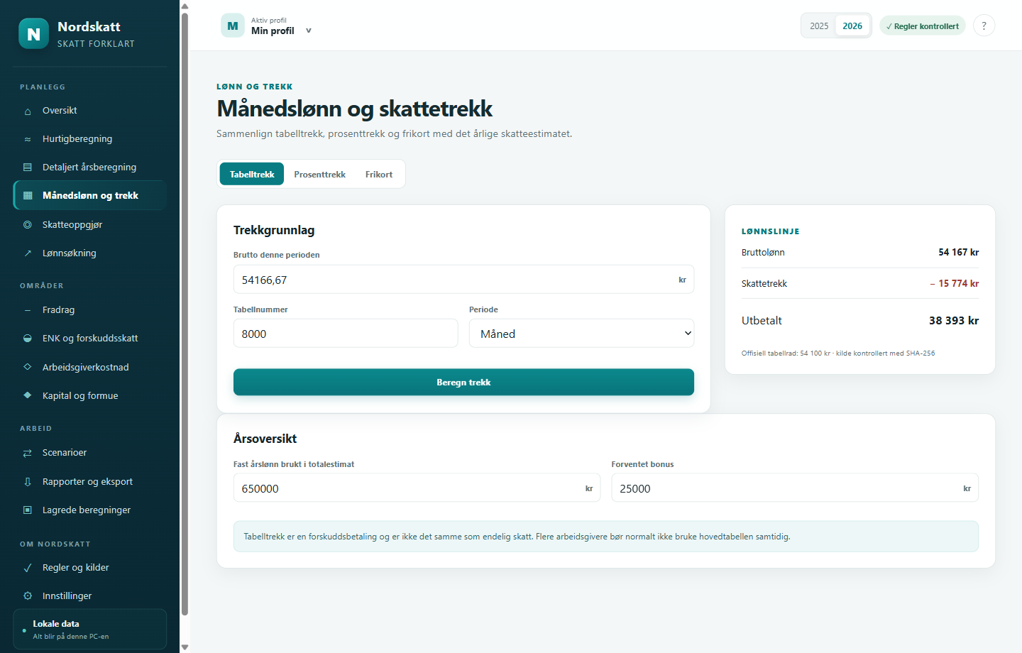 Nordskatt viser et fiktivt månedlig lønnstrekk fra offisiell tabell 8000 for skatteåret 2026.