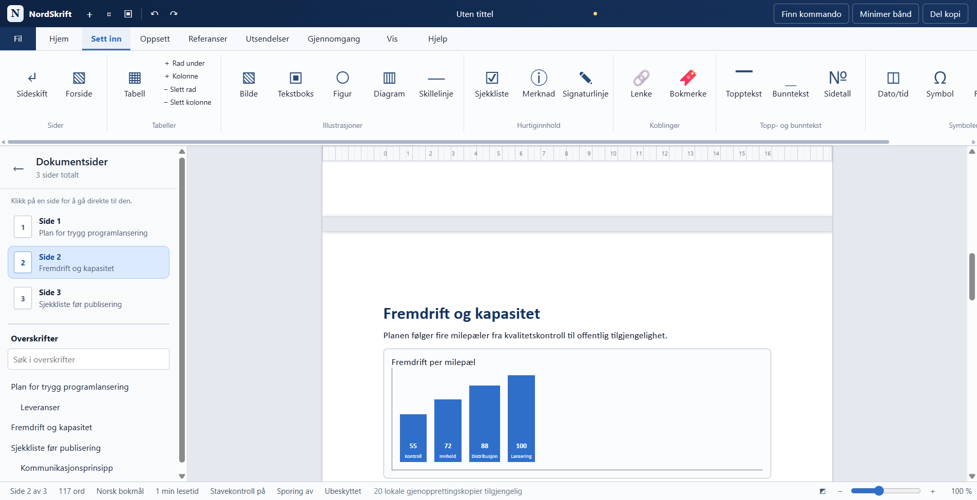 NordSkrift viser fremdriftsdelen i et profesjonelt dokument med et kolonnediagram.