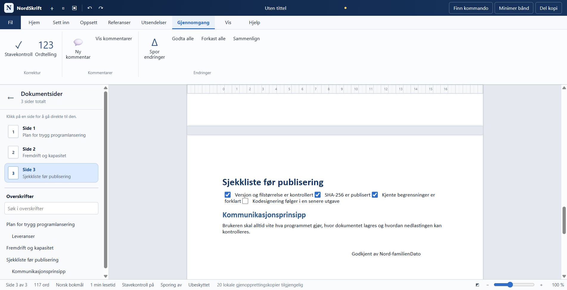 NordSkrift viser en publiseringssjekkliste og godkjenningsdel i et dokument.